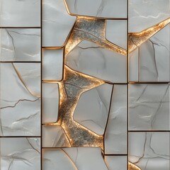 Fractured marble slabs with gold light veins