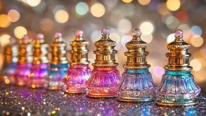 Jeweled, ornamental perfume bottles aligned, bokeh background