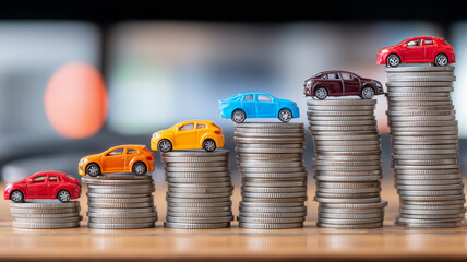 Small cars on rising stacks of coins illustrating auto costs and insurance budgeting; concept of pricing tiers, financing choices and smart ownership planning.
