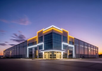 Fototapeta premium Modern industrial warehouse building lit up at dusk with dramatic sky and lighting
