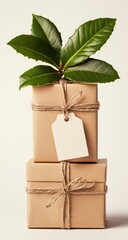 Stacked, tied gifts with greenery, earth tones, bright backdrop