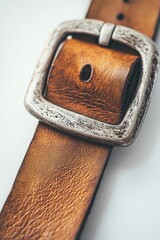 Brown leather belt with an ornate, textured metal buckle