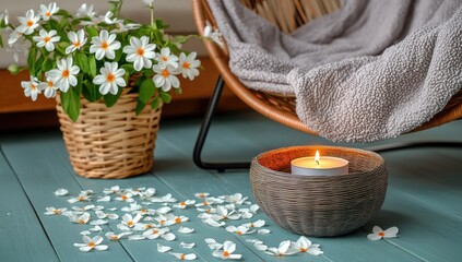 Cozy scene daisies, candle, blanket, rustic chair & floor