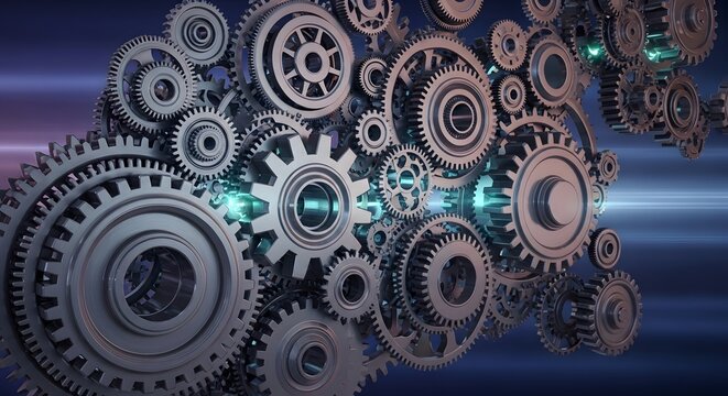 Intricate network of interlocking metallic gears and cogs moving in unison, a conceptual metaphor for industrial engineering, teamwork, and complex technological processes
