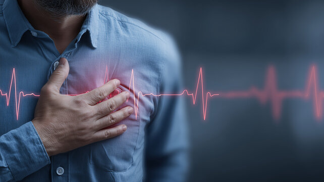 Person clutching chest with heartbeat trace illustrating cardiac emergency, conveying warning signs of heart attack and the importance of rapid diagnosis, prevention, and timely care.
 - Powered by Adobe