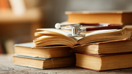 Stethoscope Resting on Open Book Surrounded by Stack of Vintage Medical Texts in Warm Indoor Setting