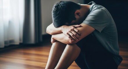 Young man sitting alone in a dimly lit room, appearing distressed or contemplative