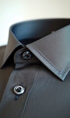 Dark collared shirt, buttons fastened, elegant neckwear detail