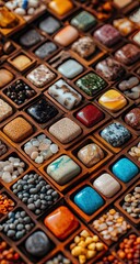 Tray of colorful, polished stones in individual compartments