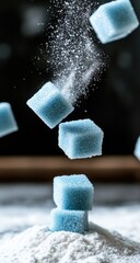 Blue sugar cubes falling onto white powder