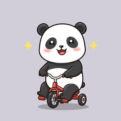 Naklejka premium Happy panda rides red tricycle with training wheels, smiling with sparkles on purple background.