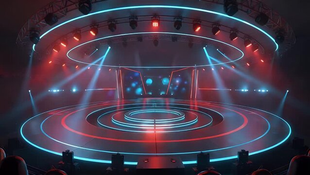 Three-Dimensional Rendered of Raised Platform Illuminated by Cyan and Magenta Lights with Radiant Effect