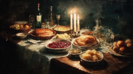 Nostalgic Oil Painting of Traditional Thanksgiving Dinner Table