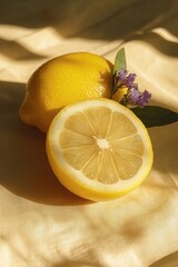 Two lemons, one cut, lay on a gold cloth with flowers