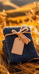 Knitted wrap with tag tied, in tall golden field bokeh