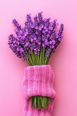 Lavender bouquet held in pink knit sleeve, pink background