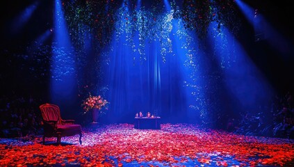Stage is set with chair, table, flowers, and floral decor