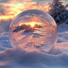 Frozen sphere reflects sunset over winter forest