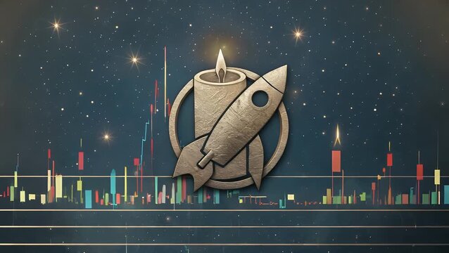 three-dimensional emblem crafted from metallic material integrating motifs of candlestick chart, spacecraft, and icons of commerce to denote achievement, pioneering advancement, and economic prosperi