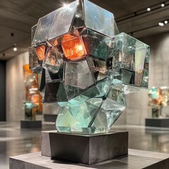 Geometric glass sculpture glows from within