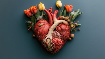 Anatomical heart adorned with tulips, nuts, and flora