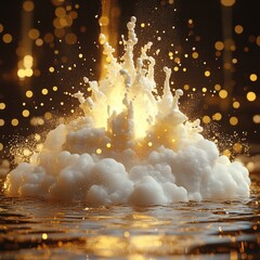 Foamy eruption glows amidst bokeh lights over liquid