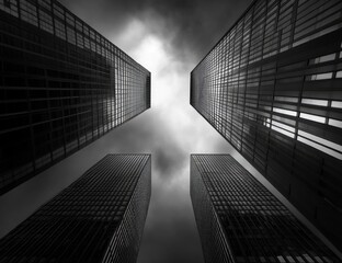 Towering skyscrapers converge under a dramatic sky