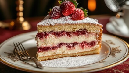 Strawberry cake slice on plate, dusted sugar, fork nearby