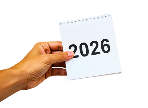 Hand holding a card with the year 2026 isolated on transparent background