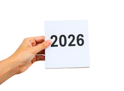 Hand holding a card with the year 2026 isolated on transparent background