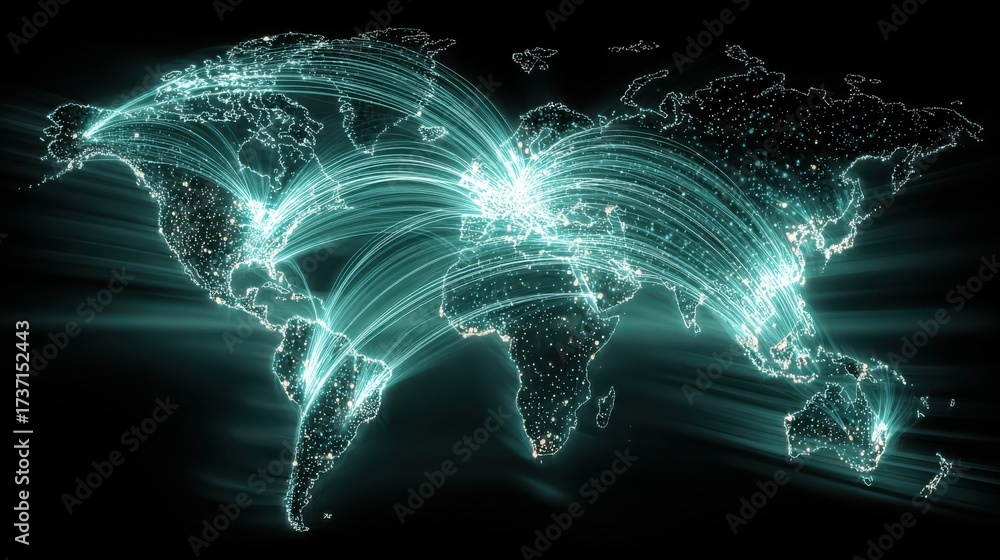 Wall mural glowing world map with interconnected data points and flow lines