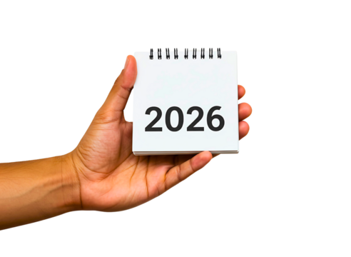 Hand holding a card with the year 2026 isolated on transparent background