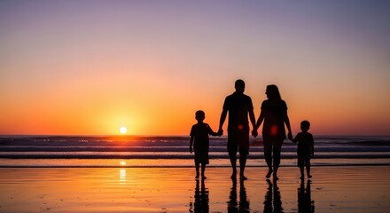 Family enjoying sunset walk on the beach with children
