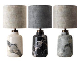 3 white, black, and grey marble table lamps with different shades of stone and a fabric lamp shade, isolated on a transparent background