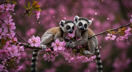 Enchanting Lemur Companions in Floral Embrace: Two ring-tailed lemurs, their curious eyes peering out from a vivid tableau of blossoms, perched elegantly amidst the pink petal flurry