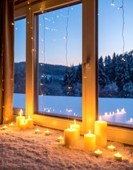 Cozy candles on a snowy windowsill