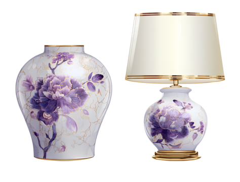 A table lamp with a porcelain base and purple floral design decoration, a lamp with a shade on top made of transparent fabric with a golden rim, isolated on a background,