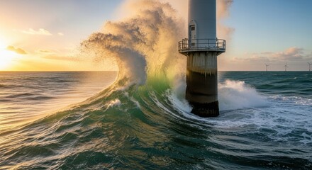 Ocean Waves Crashing Against Offshore Oil Platform  at Sunset