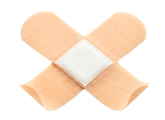 Two beige adhesive bandages crossed in an x shape isolated on transparent background