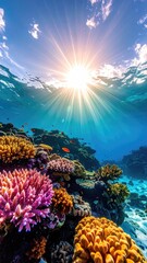 Fototapeta premium Vibrant Coral Reef Ecosystem with Sunlight Streaming Through Turquoise Water