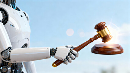 Naklejka premium Robot hand holding gavel symbolizes social media law and artificial intelligence justice concept