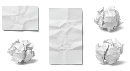 Collection of Wrinkled and Crumpled Paper Sheets, Isolated on White Background