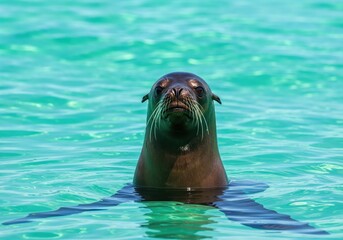 Obraz premium Sea Lion's Serenity in Azure Waters: A captivating photo showcases a sea lion floating tranquilly in shimmering turquoise water, its expressive face reflecting pure bliss and contentment.