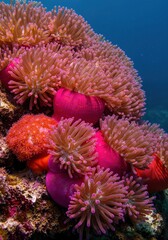 Obraz premium Underwater Anemone: A vibrant coral reef showcases a cluster of sea anemones in a beautiful underwater scene. Delicate tentacles swaying gently, adding a touch of graceful movement.