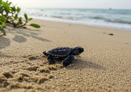 Oceanic Journey of a Sea Turtle: A tiny, resilient sea turtle embarks on its maiden voyage, crawling across the sun-kissed sandy shore towards the endless expanse of the serene ocean.