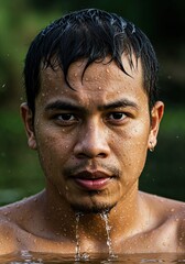 Man Emerging from Water: The serene face of a man emerges from water, droplets glistening as he gazes intensely. The water cascades over his skin.