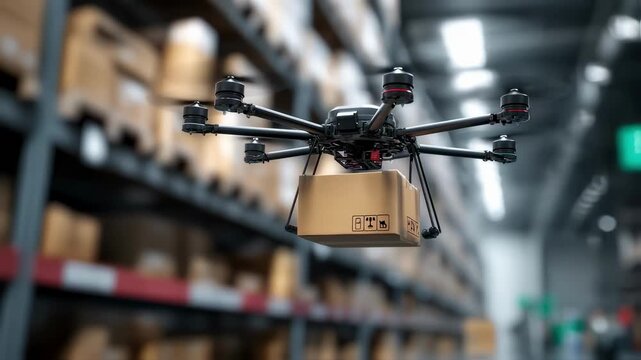Closeup on a stacker drone transferring boxes to high shelves main object in sharp detail while the warehouse surroundings remain softly out of focus