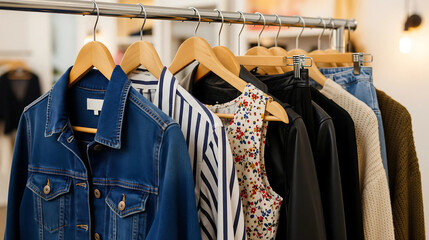 Obraz premium Clothes hanging on a rack with various styles and colors in a retail setting