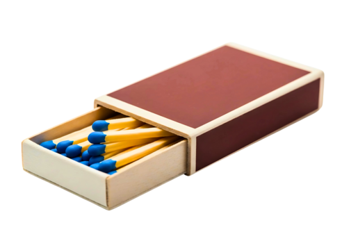 Cardboard matchbox with blue tipped matches isolated on transparent background