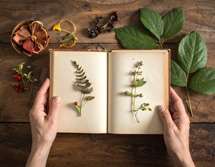 Dried Pressed Plants in Antique Book.